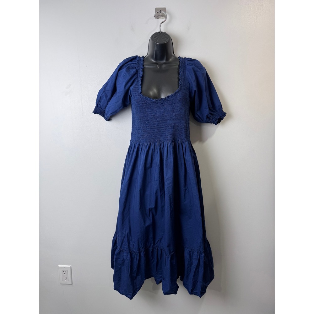 Hill House The Louisa Nap Dress Smocked Puff Sleeve Midi Navy Blue Medium